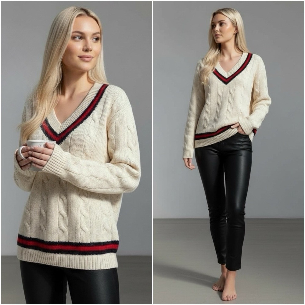 Brandy Melville Nikki Sweater Wool Cable Knit V Neck Tennis Preppy One Size